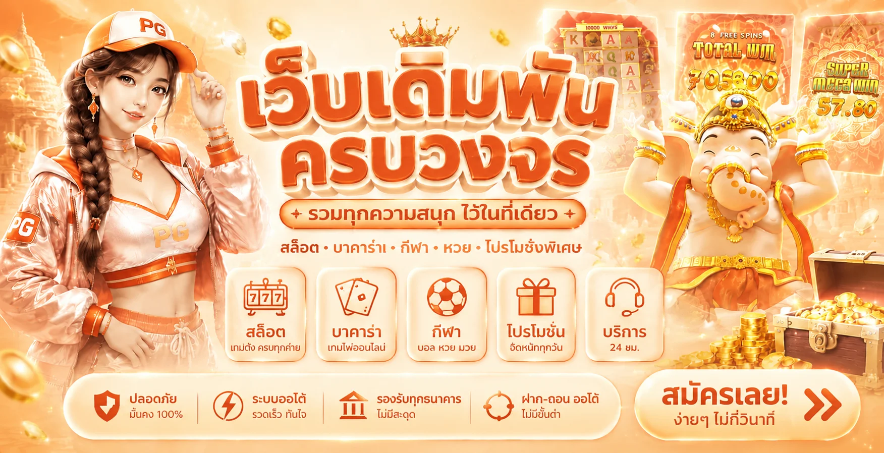 แบนเนอร์ PGONLY สล็อต PG Soft โทนส้มทอง